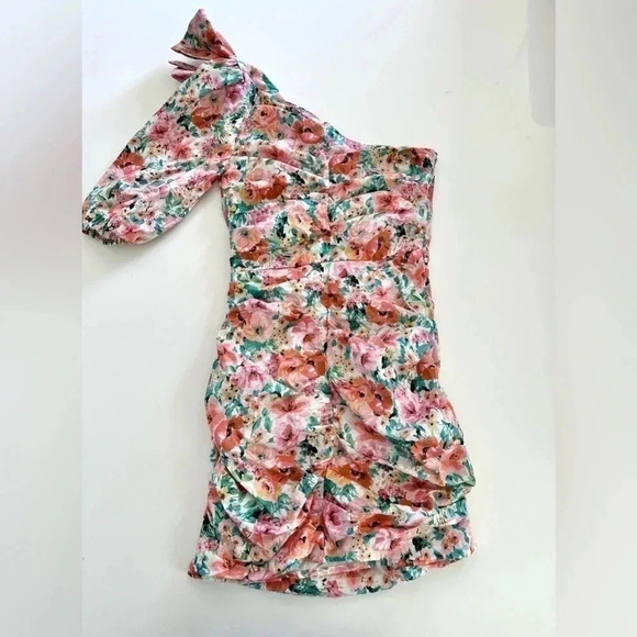 Zara One Shoulder Ruched Floral Mini Dress Size Medium - Picture 6 of 11